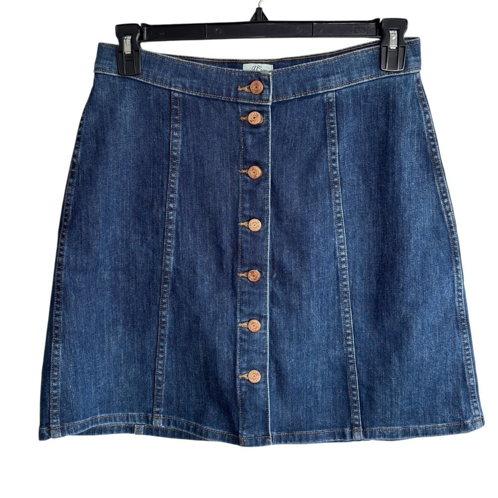 J. Crew Womens Denim Mini Skirt Button Front A-Line Jean Sz 30 Comfort Stretch